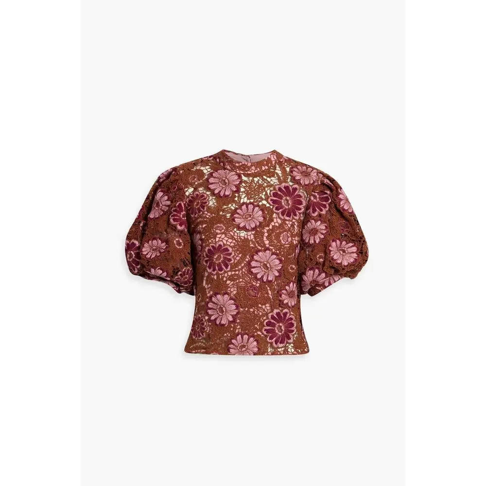 Farm Rio Gigi Tapestry Puff sleeve Guipure brown crochet blouse size XL